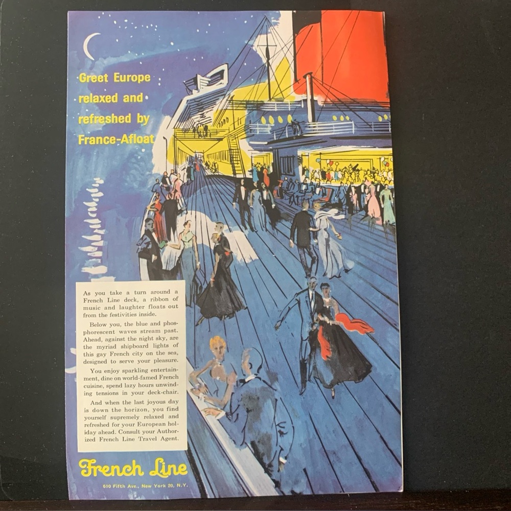 Vintage 1956 French Line Greet Europe Relaxed Ad Advertisement